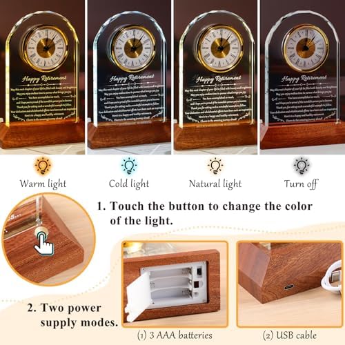 YWHL Retirement Clock Gifts for Women Men with Wooden Light Base, Happy Retirement Glass Plaque for Coworkers Boss, Going Away Retired Gifts for Friends, Farewell Goodbye Presents Ideas