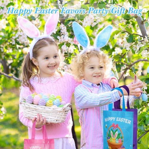 Sweetude 120 Pcs Easter Tote Bags Bulk with Handles Bunny Reusable Party Non Woven Treats Goodie Bags for Easter Party Supplies(Rabbit)