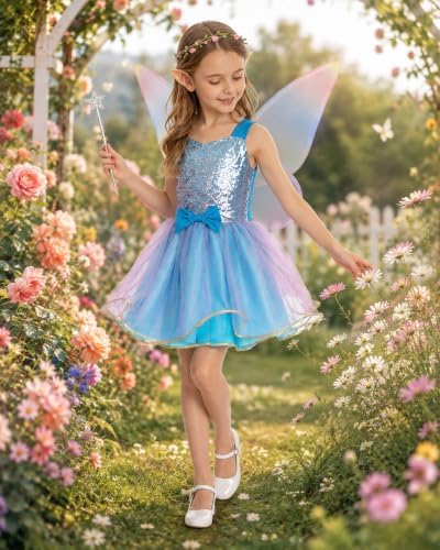 JoyRapt Fairy Costume Dress for Girls 3-10, Fairy Princess Pink Tutu Outfits Butterfly Wings Wand Headband Halloween Gifts