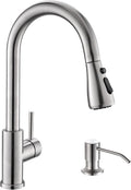 Kicimpro Kitchen Sink Faucet with Soap Dispenser, 3 Modes Kitchen Faucet with Pull Down Sprayer and Soap Dispenser, 304 Stainless Brushed Nickel Single Handle Kitchen Bar Faucets with Water Lines