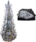 6.1ft Flocked Pull up Christmas Tree - Lighted Foldable Tree Includes Storage Bag Ornaments, Ribbons, Stand and UL Warm Lights