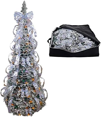 6.1ft Flocked Pull up Christmas Tree - Lighted Foldable Tree Includes Storage Bag Ornaments, Ribbons, Stand and UL Warm Lights