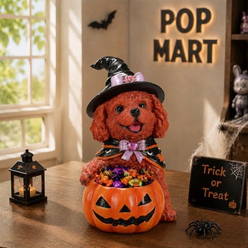 Halloween Dog Decor, Brown Witch Puppy Figurine with Pumpkin Candy Bowl