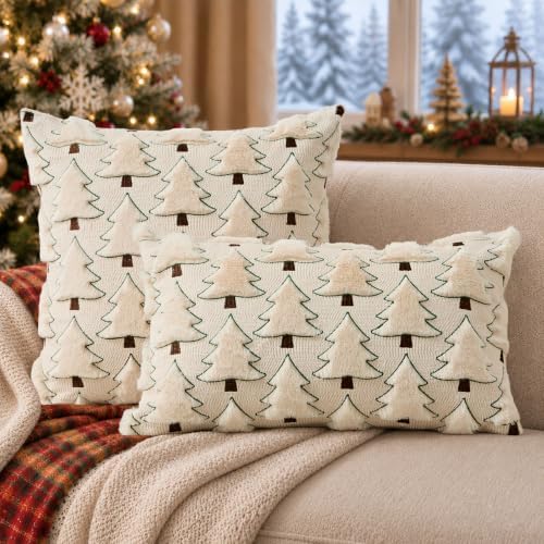 Allorry Christmas Pillow Covers 12x20 inch Set of 2 Christmas Decorations Soft Plush Faux Fur Wool Beige Xmas Tree Throw Pillow Cases Winter Holiday Decor for Sofa Living Room PT-012C12