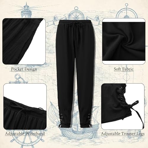 9PCS Men's Pirate Costume Set,Renaissance Medieval Outfit for Halloween Pirate Party with Viking Pants Shirts Accessories