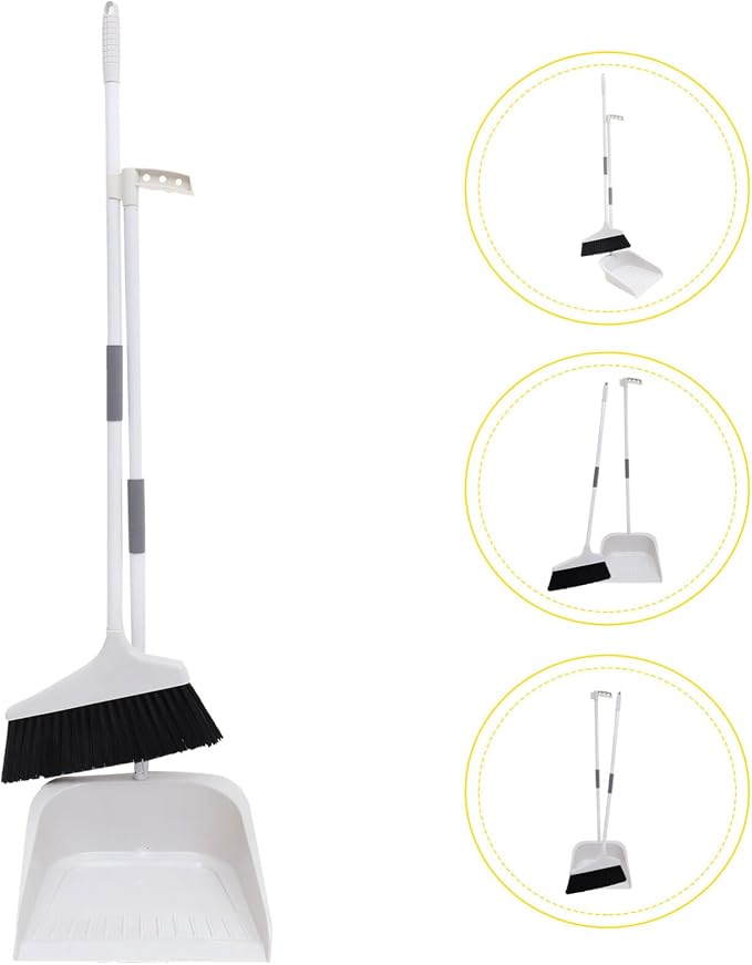 Broom and Dustpan Set, Heavy Duty Dust Pan and Broom with Long Handle, Standing Dustpan Set Household Floor Cleaning Tools for Home Kitchen Indoor Sweeping White