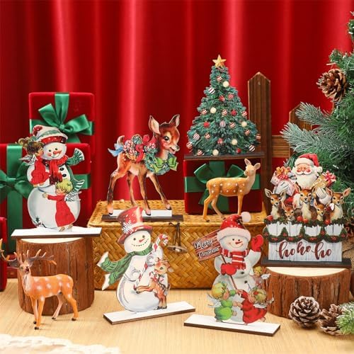 Beeveer 6 Pcs Christmas Table Decorations Wooden Snowman Reindeer Decor