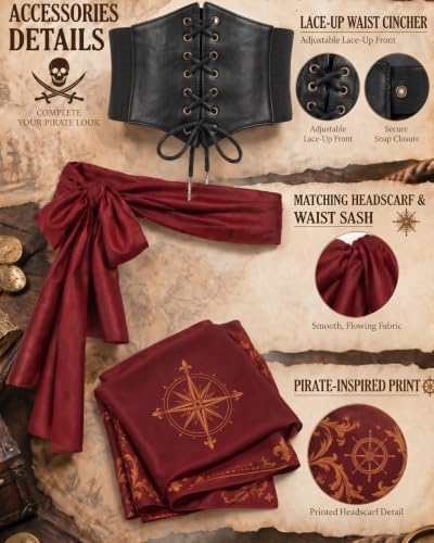 Pirate Costume Women, Renaissance Dress with Corset Belt, 4-Piece