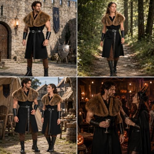 Adult Viking Costume for Men with Renaissance Tunic and Faux Fur Shawl