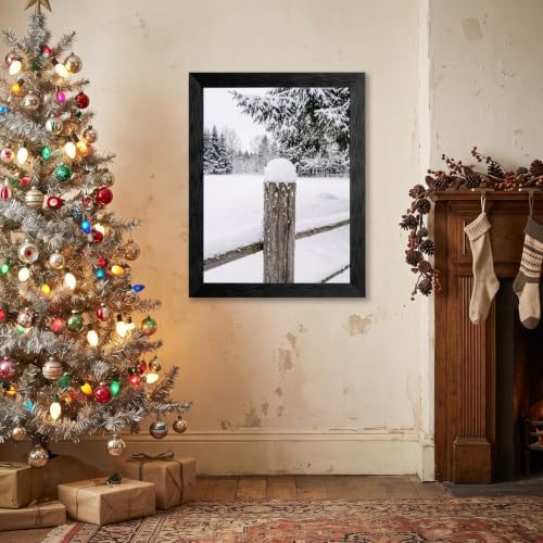 Framed Winter Fence Canvas Wall Art, Snow Scene, Black Frame Inch 12x16