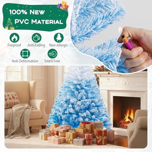 HAPPYGRILL 6 FT Flocked Christmas Tree Blue Hinged Xmas Tree with 820 Branch Tips & Folding Metal Stand, Artificial Christmas Tree for Home Office Carnival