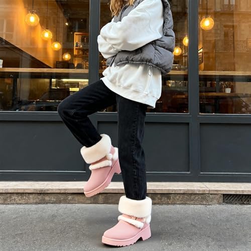 Furry Winter Boots for Women Block Heels Platform Buckle Slip On
