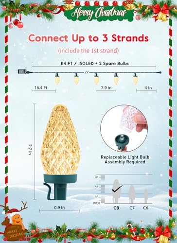 C9 Christmas Lights Outdoor, 114FT 150 LED C9 String Lights, Warm White