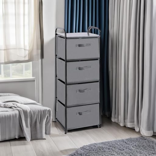 MAX Houser 4 Drawer Fabric Dresser Tall Storage Tower, Dresser Chest with Wood Top, Vertical Nightstand Side Organizer Unit with Metal Frame for Closets Bedroom Nursery Room Hallway(Leaden) | , Dresser Chest with Wood Top, Vertical Nightstand Side Orga...