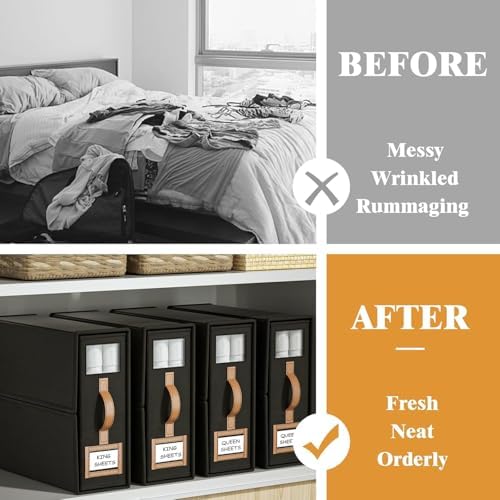 8 Pack Bed Sheets Organizers And Storage,Sheets Set Folder Keeper with Handle,Foldable Bedding Storage Box For Linen Closet,Duvet Cover(King Size-3.7 Gal,Black)
