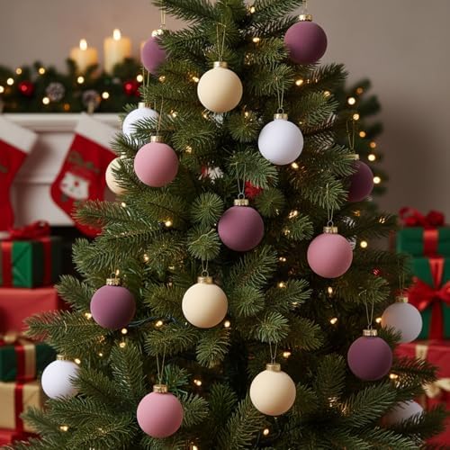 Gemscream 30 Pcs Velvet Christmas Balls, 3.15" Flocked Blue Ornaments, Pink