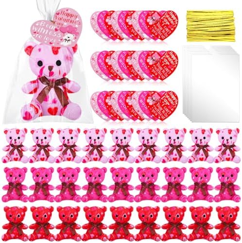 Poen 18 Pack Valentines Day Bears Bulk with Heart Cards Mini Valentine Stuffed Animal with Heart Pattern Bears Toys Keychains for Kids Boy Girl Classroom Prize Goodie Bag Stuffers Party Favor