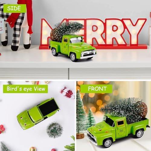 Christmas Green Truck Decor, Green Tree Truck Decorations for Home Indoor, Mini Cute Christmas Tree Tiered Tray Decor, Farmhouse Kitchen Tabletop Centerpiece Decorations