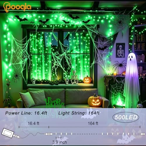 Pooqla 500 LED Green Halloween Lights Outdoor String Lights, 164 ft