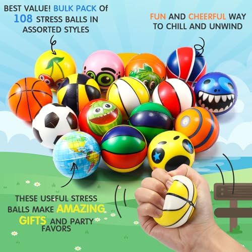 Yunsailing 108 Pcs Mini Sensory Fidget Ball 2.4" Relief Toys, Cute