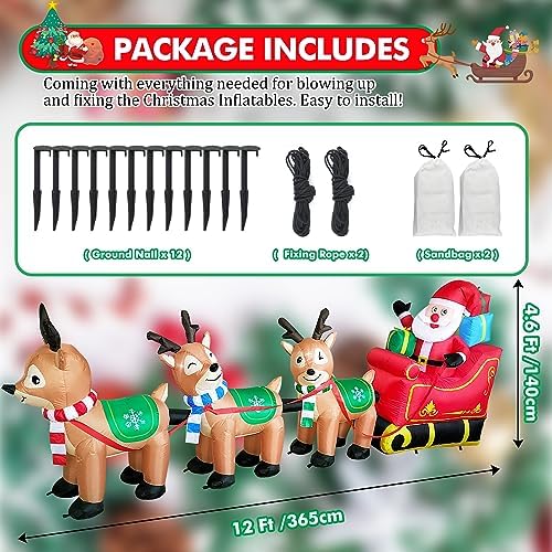 EAONE 12 Ft Christmas Inflatables Outdoor Decorations Giant Blow Up Yard Decorations Inflatable Santa Claus on Sleigh and 3 Reindeer, with Built-in LED Lights for Indoor Outdoor Home Holiday Decor