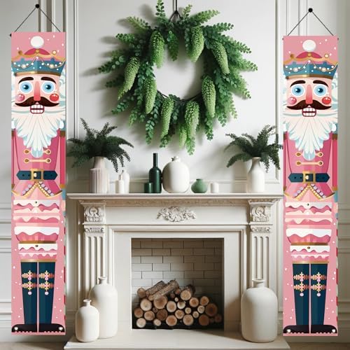 2PCS Christmas Nutcracker Porch Banner Decorations 71 x 12 Inch Pink Nutcracker Soldier Hanging Sign Vertical Holiday Wall Decor for Indoor Fireplace Doorway Winter Party Setup