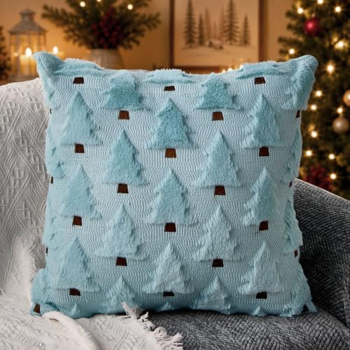 Allorry Christmas Pillow Covers 20x20 inch Set of 2 Blue Christmas Decorations Soft Plush Faux Fur Wool Christmas Tree Throw Pillow Cases Winter Holiday Decor for Sofa Living Room PT002F20