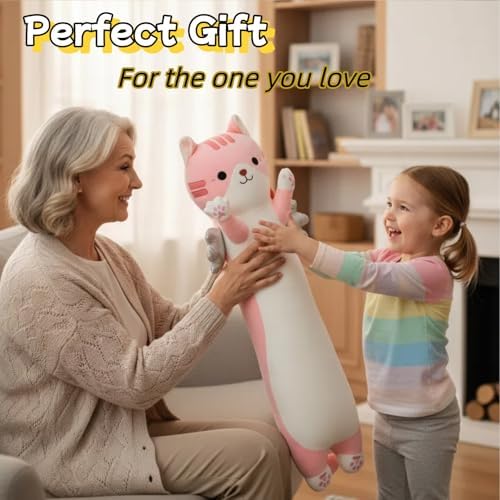 Somao 43.3" Long Cat Plush Pillow with Wings - Super Soft Stuffed Animal for Kids & Adults, Cute Body Pillow for Sleeping, Squishy Cat Plushies Gifts for Girls (Pink)