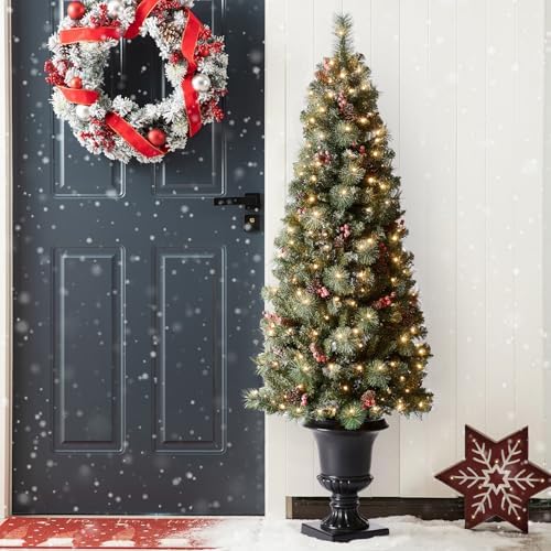 Glitzhome Artificial Christmas Tree, 6 FT Pre-Lit Frosted Pine Cones and Red Berries Christmas Porch Tree with 200 Warm White Lights for Indoor Porch of Home and Office