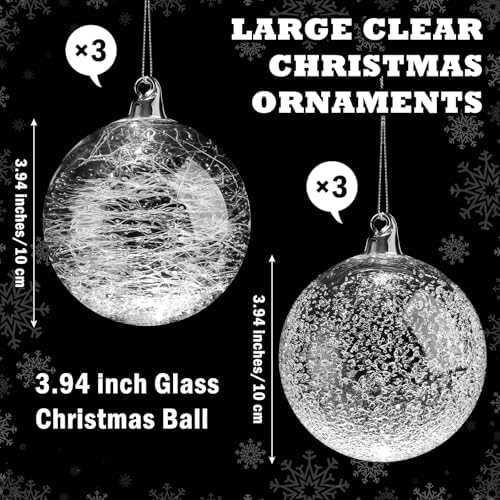 Uiifan 6 Pcs Clear Glass Christmas Ornaments Balls Bulk Blown Glass Christmas Tree Ornaments Assorted Size Iridescent Balls Xmas Tree Home Decorations (3.94 in)