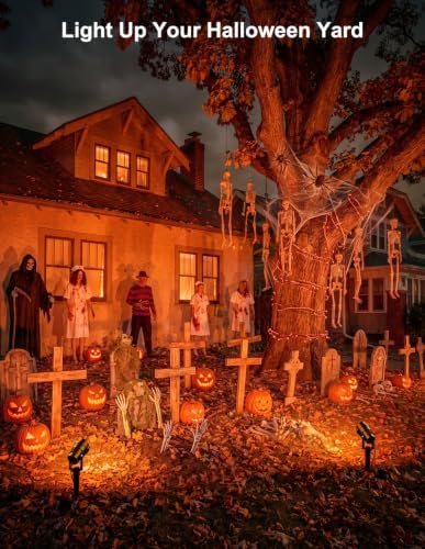 Halloween Orange Spot Lights Outdoor, 14 LED Landscape Lighting with US Plug, IP65 Waterproof Spotlights for Yard Garden Tree Porch Pathway Christmas Decor 2 Pack
