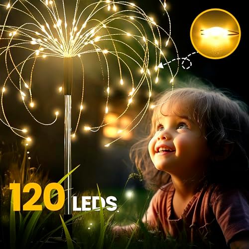 GIGALUMI 8 Pack Solar Firework Lights Outdoor, Garden Decor, Warm White