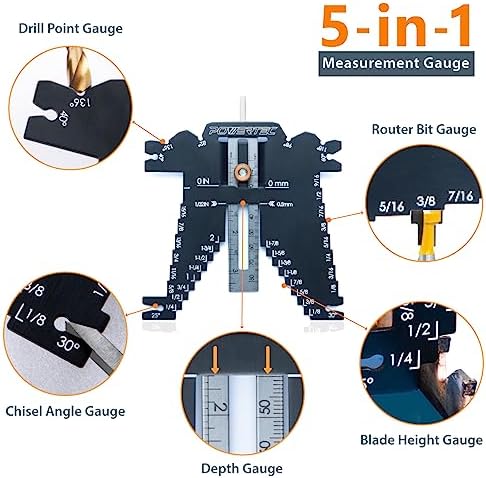 POWERTEC Universal 5-in-1 Step Depth Gauge for Measuring Chisel Angles, Drill Points, and Setting Router Bit, Saw Blade Heights – Compatible with Table Saw and Router Table – Woodworking Tools (80023)