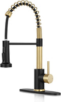 Kitchen Faucet with Pull Down Sprayer Brush Gold&Black | 2-mode sprayer, 360° high arc spout, 304 SS build, drip-free valve, fingerprint-resistant, DIY install, NSF certified