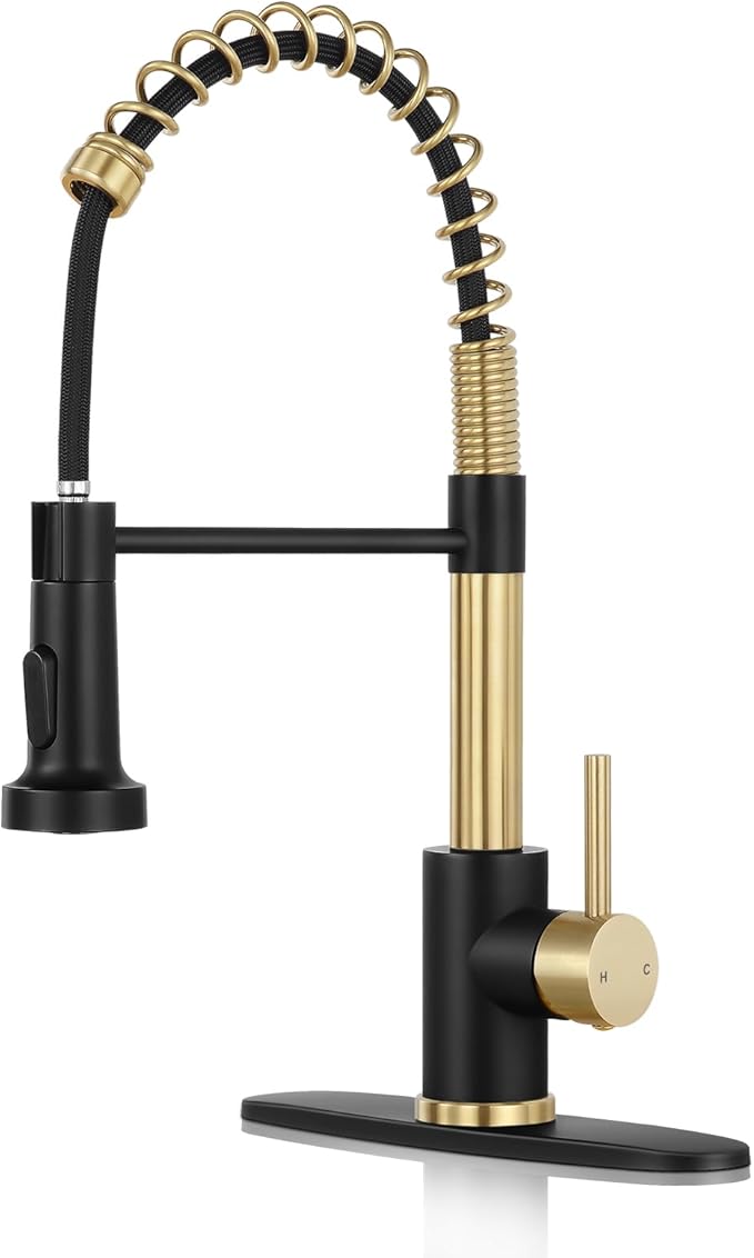 Kitchen Faucet with Pull Down Sprayer Brush Gold&Black | 2-mode sprayer, 360° high arc spout, 304 SS build, drip-free valve, fingerprint-resistant, DIY install, NSF certified