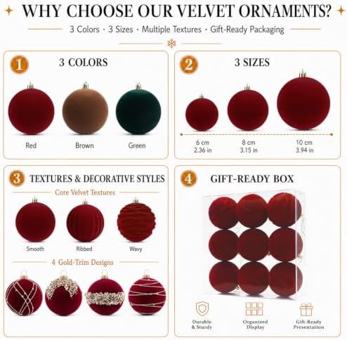 9Pcs Red Velvet Christmas Ornaments 3.94 in Balls for Christmas Tree Deco