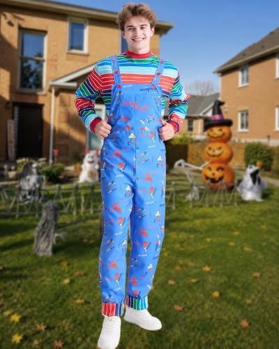 Adult Halloween Chucky Costume Striped Top Overalls Knife Tattoo Scars