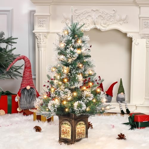 3ft Prelit Snow Flocked Christmas Tree with Light Up Gingerman Box Base