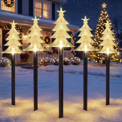 TOWPONICS Solar Christmas Tree Pathway Lights Outdoor Decorations, 5 PCS