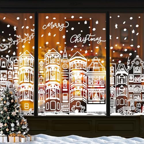 DIYDEC 15.1 * 27.3'' Large Christmas Window Clings 4Pcs Xmas White House Window Stickers for Glass Double Sided Winter Town Decals for Holiday Home Shop Decoration