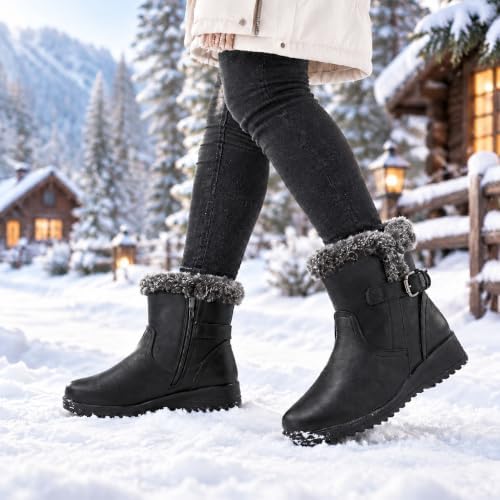 Womens Snow Boots Leather Winter Warm Boots Platform Ankle Booties