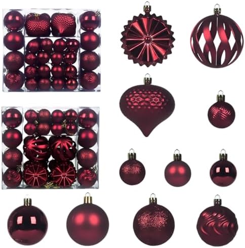 Christmas Tree Balls Ornaments Set, 48 Pcs Shatterproof Plastic Decorative Baubles Shiny Hanging Ball Ornaments for Xmas Tree Holiday Party Wedding Decoration, Wine Red