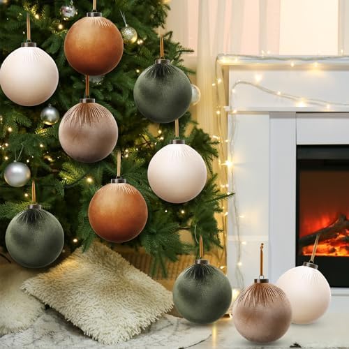 Liliful 12 Pcs Extra Large Velvet Christmas Balls Velvet Ornaments for Christmas Tree Flocked Shatterproof Xmas Tree Balls Bulk for Holiday Party Xmas Trees Hanging Decorations(6 Inch,Green, Brown)
