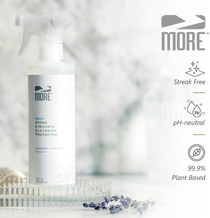 MORE Stone & Quartz Cleaner + Protector - Granite, Quartz & Marble Cleaner - For Kitchen & Bathroom Countertops - Water-Based Surface Spray - Lavender-Verbena Essential Oil - Pint (16oz)