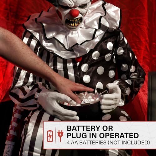 Haunted Hill Farm Hartley The Sitting Scare Clown by Tekky, Motion-Activated Talking Jump-Scare Halloween Animatronic for Halloween Party Prank Decoration, Plug-in or Battery Operated Halloween Props