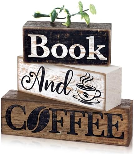 Moucuny 4 Pcs Farmhouse Table Decor Rustic Wooden Book and Coffee Signs
