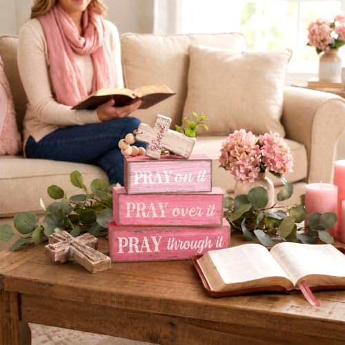 Moucuny 4 Pcs Pink Christian Table Decor Cross Wooden Bible Verse Sign