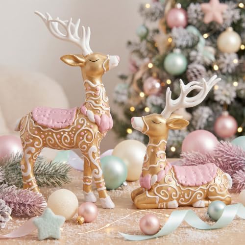 Amyhill 2 Pcs Pastel Gingerbread Christmas Reindeer Decor Resin Figurines