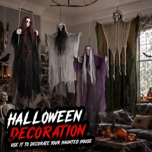 59" Scary Hanging Ghost Girl Halloween Decoration – Sound & Touch Activated Swinging Doll with Red Eyes & Creepy Sounds, Outdoor/Indoor Decor for Haunted House, Graveyard, Yard & Party