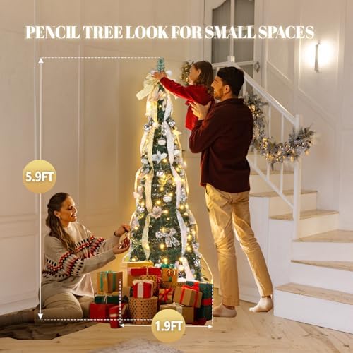 VINGLI 6ft Pop up Artificial Christmas Pine Tree with 150 Warm White Lights, Xmas Tree Holiday Party Decorations with Sturdy Metal Stand (Gold&Silver)